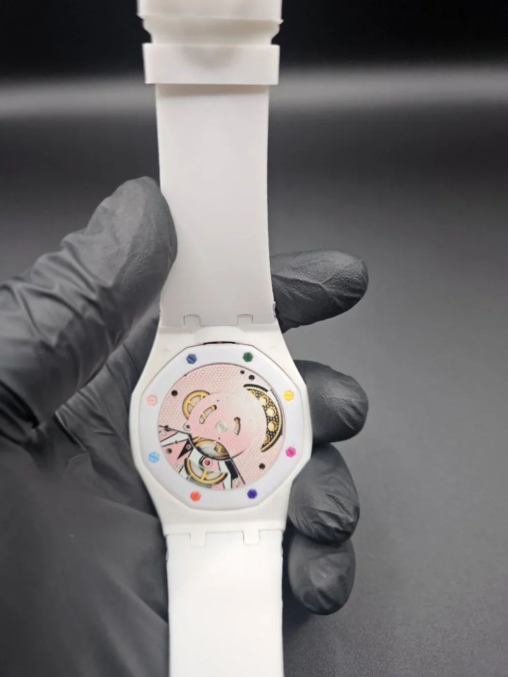 White Silicone Automatic Watch Multicolor Bezel